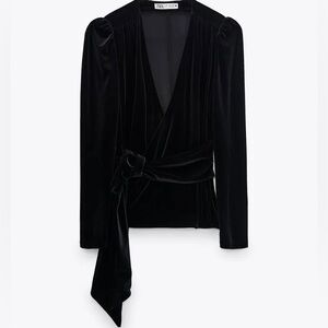 Zara Women's Velvet Faux Wrap Puff Long Sleeve Tie Top like new